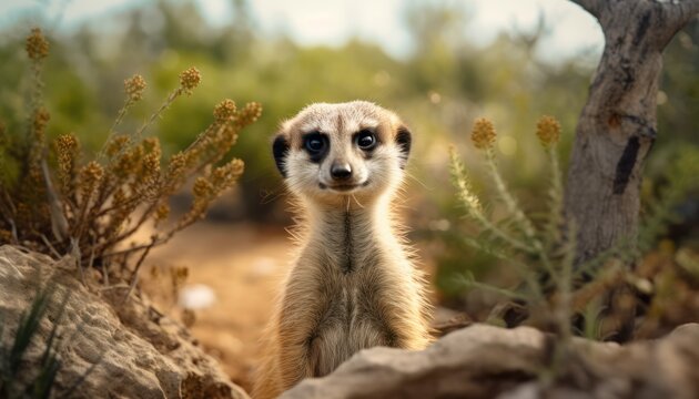Photo of a meerkat standing tall on its hind legs