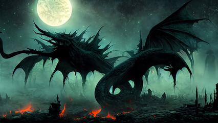 Illustration of a dragon in a dark fantasy style on a dark background. Game character. 4K wallpaper