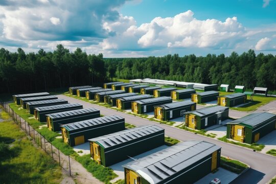 drone shot of storage units amidst green landscape