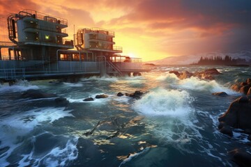marine current power plant at sunrise/sunset - obrazy, fototapety, plakaty
