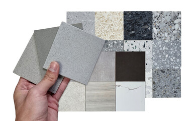 architect hold quartz samples compare color with multi texture of square shapes terrazzo artificial...