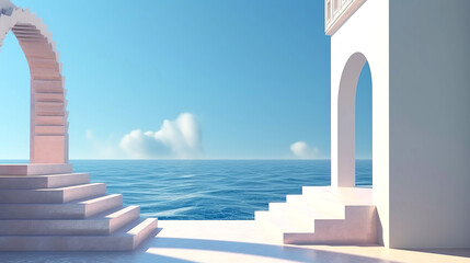 Stage with geometric shapes, arch with podium in natural daylight. sea view. summer scene.