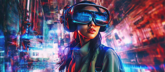 Fototapeta na wymiar Woman with glasses of virtual reality. Future technology concept.