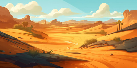 Сartoon yellow african sahara desert landscape background with cloudy sky, sandy dune, single plants and dry mountains rock cliffs, generated ai