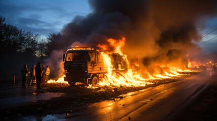 Burning cars and trucks in the city at night. Fire in the road accident.