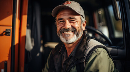 Portrait of a smiling senior man driver standing in the back of a truck.