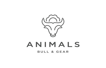 Animal with bull and gear line style logo icon design template flat vector