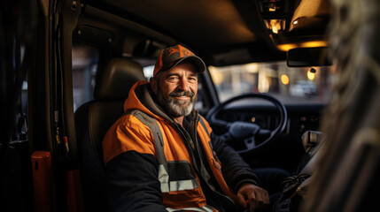 Fototapeta na wymiar Portrait of a senior man in an orange jacket and cap driving a truck.