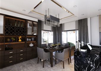 A fully decorated and functional dining room with a modern and luxurious design. With beautifully arranged and contemporary furniture., 3D Rendering,