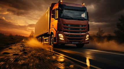 Truck on the road at sunset with motion blur effect. Transportation and logistics concept.