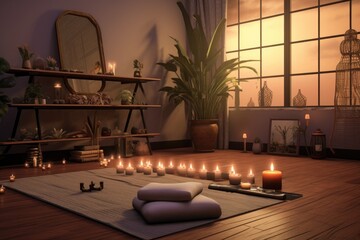 serene yoga studio corner with candles, mat, and props - obrazy, fototapety, plakaty