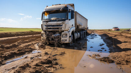Dump truck in muddy puddle after accident.