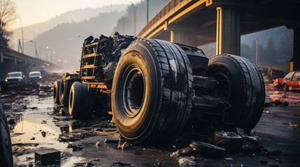 Truck tires in a car accident on the road under bridge. - obrazy, fototapety, plakaty