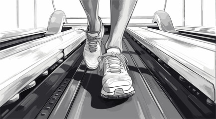 Black and white line drawing of feet running on a treadmill.