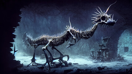 Fototapeta na wymiar Illustration of a dragon in a dark fantasy style on a dark background. Game character. 4K wallpaper