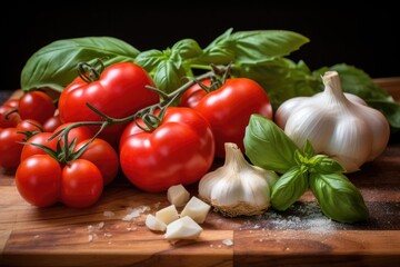 close-up of fresh tomatoes, garlic, and basil on a wooden board