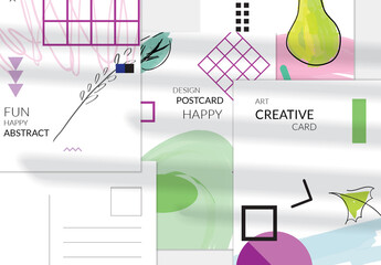 Postcard Layout with Hand Drawn Abstract Floral Doodles and Geometric Shapes