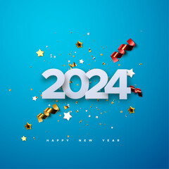 Happy New 2024 Year. Vector holiday illustration of 2024 paper numbers with sparkling confetti particles, golden stars and streamers - 632246262