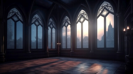 Obraz premium Empty dark room in gothic style with large windows