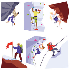 Fototapeta premium Climbers characters set with backpacks hiking in mountains, flat vector isolated.