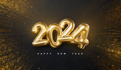 Happy New 2024 Year. Vector holiday illustration. Golden numbers on black background textured with shimmering glitters - 632246425