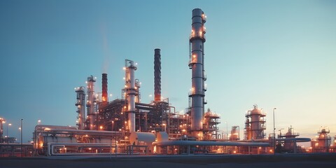 Fototapeta na wymiar Oil refinery plant for crude oil industry on desert in evening twilight, 