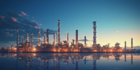 Obraz premium Oil refinery plant for crude oil industry on desert in evening twilight, 