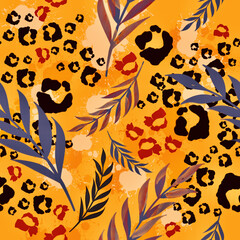 Trendy floral animalistic seamless textile print. Animal skin pattern and floral ornament flowers fabric background. Warm rich colors