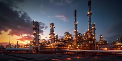 Oil refinery plant for crude oil industry on desert in evening twilight, 