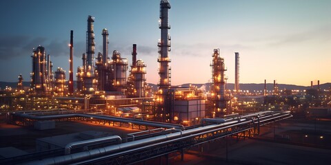 Fototapeta na wymiar Oil refinery plant for crude oil industry on desert in evening twilight, 