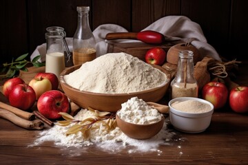 Fototapeta premium apple pie ingredients on a wooden kitchen table