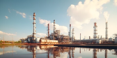 Fototapeta premium Oil refinery plant for crude oil industry on desert in evening twilight, 