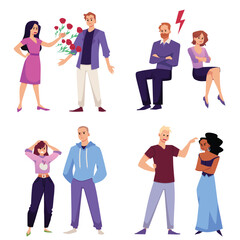 Fototapeta premium Set of couples of different ages, bad relations flat style, vector illustration