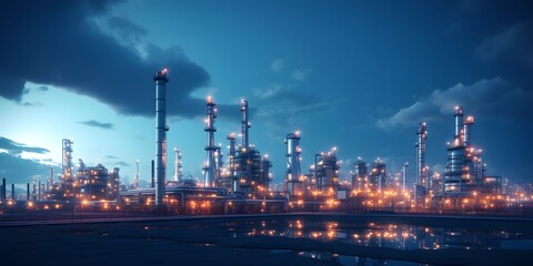 Obraz premium Oil refinery plant for crude oil industry on desert in evening twilight, 