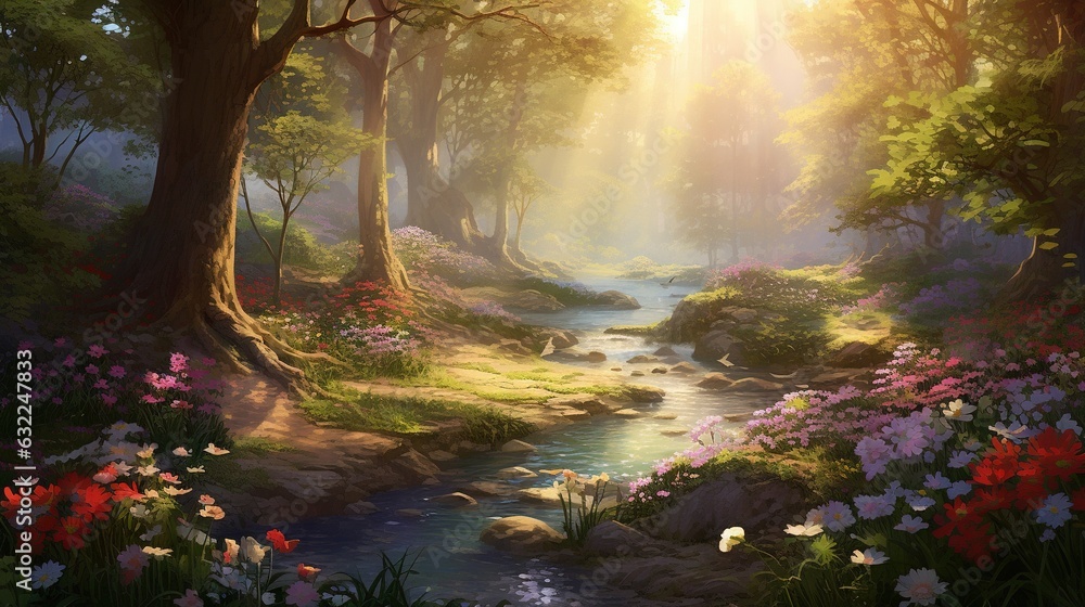 Poster  a painting of a stream running through a lush green forest.  generative ai