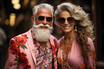 happy trendy retired couple in sunglasses, senior elderly rich tourists on the street, fashionable old man and woman in summer outfit, created with Generative AI