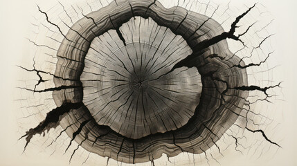 Chronicles of Time: Linocut Tree Trunk Print. Generative AI