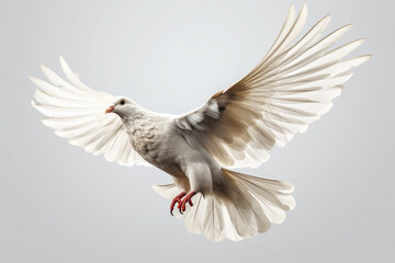 Free flying white dove isolated on a white background
