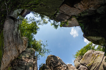 Natural sandstone rock formations in Prachov Rocks rock town, Bohemian paradise, Czech Republic