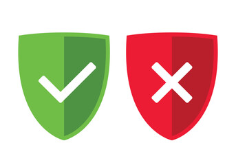 green and red shield with OK check mark and X cross icon symbol, vector illustration