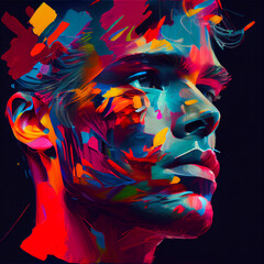 Pintura creativa colorida de rostro de hombre con gesto serio