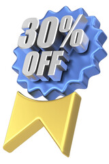 3D thirty percent off. 30% off. Sale badge.