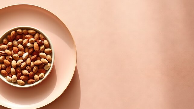  a bowl of peanuts on a plate on a pink surface.  generative ai