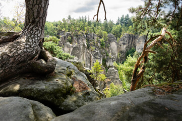 Natural sandstone rock formations in Prachov Rocks rock town, Bohemian paradise, Czech Republic