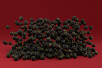 Many of flying black basketball ball falling on red background