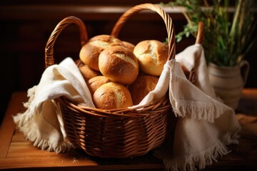 homemade bread rolls in a wicker basket