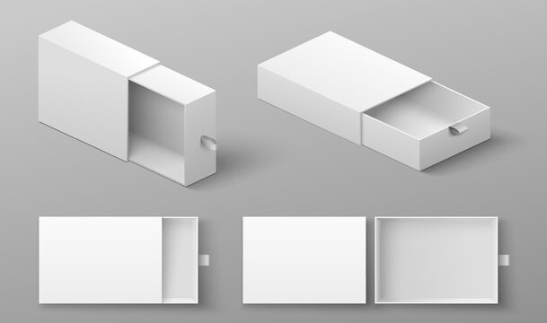 Realistic slide box mockup set with ribbon to pull out