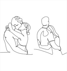Portrait of happy couple in continuous line art drawing style. Man in love put his arms around girlfriend. Love and friendship black linear sketch isolated on white background. Vector illustration
