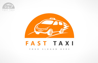 Fast Taxi logo. Machine at high speed with a plume of fire vector.