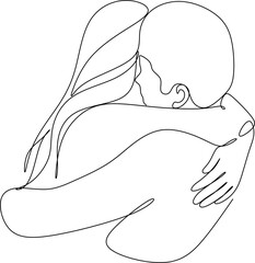 Obraz premium Portrait of happy couple in continuous line art drawing style. Man in love put his arms around girlfriend. Love and friendship black linear sketch isolated on white background. Vector illustration